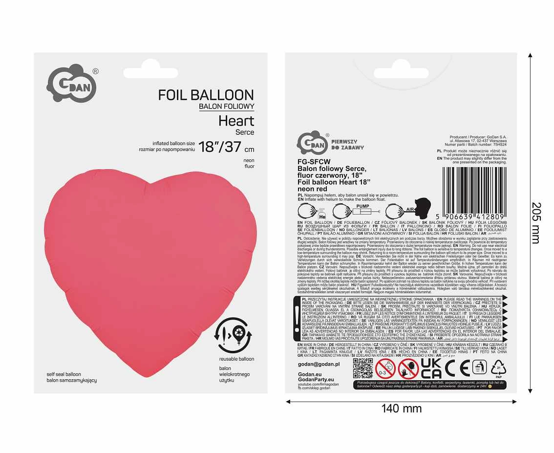 Balon foliowy Serce, fluor czerwony, 18" KK